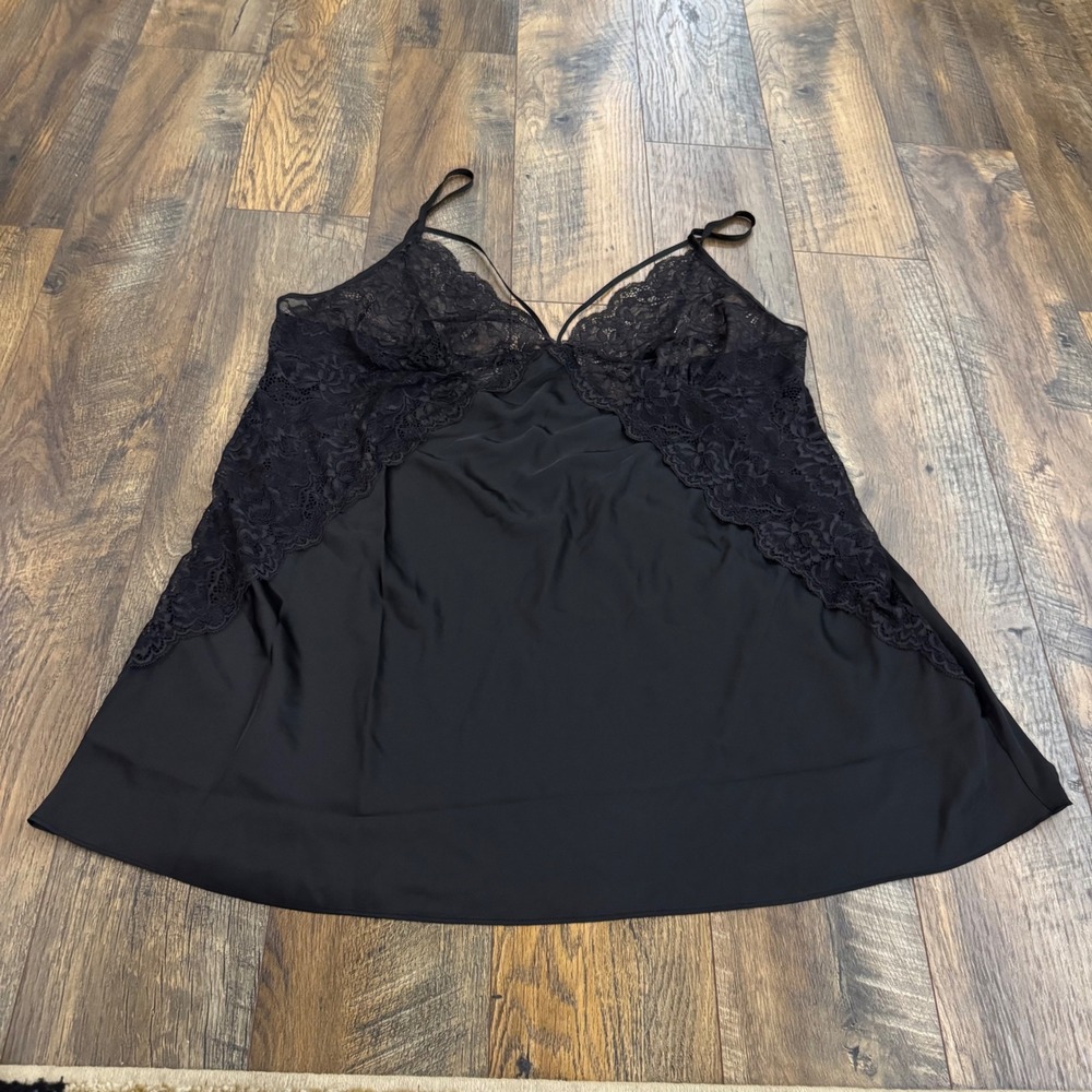 Fox & Royal Black Sheer Lace Trim Dress XL Adjustable Straps V-Back Lingerie